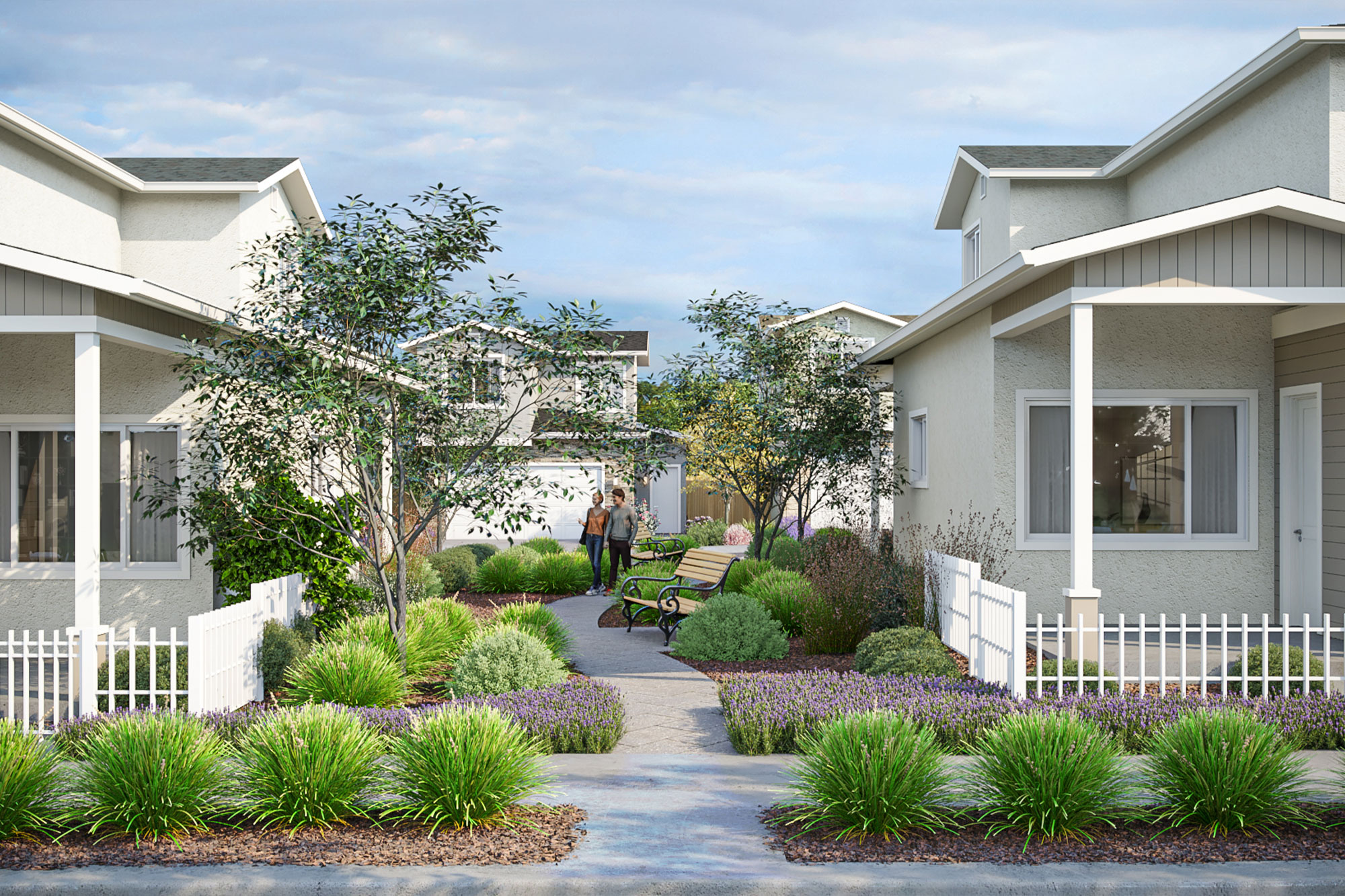 Landscaped pedestrian pathway at Hill Street Terraces with benches, greenery, and neighbors walking through the community.