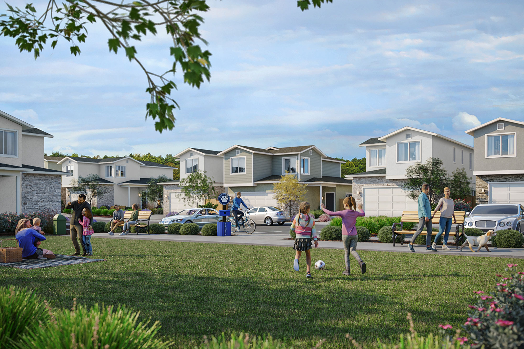 Community park at Hill Street Terraces with families enjoying a picnic, children playing soccer, and neighbors walking dogs.