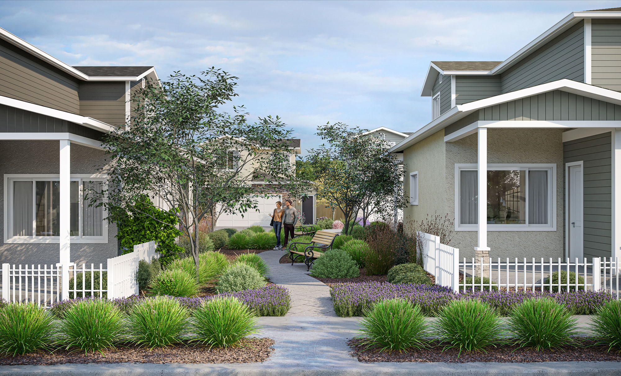 Landscaped pedestrian pathway at Hill Street Terraces with benches, greenery, and neighbors walking through the community.